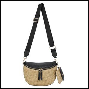 Straw PU Leather Crossbody Sling Bag Bum Bag Summer Beach Handbag